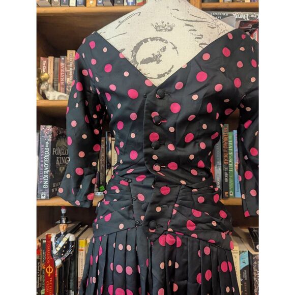 Vintage 50s Handmade Women's Small 100% Silk Black Pink Party Midi Dress Evening - Picture 6 of 14